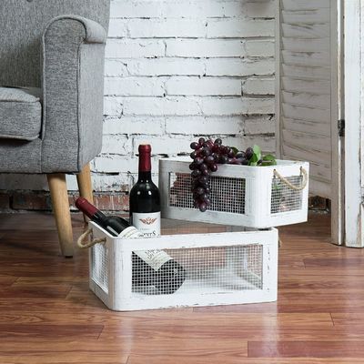 Multifunktionales Vintage-Weißholzfach mit Griff und Seitenplatten aus Gitterdraht