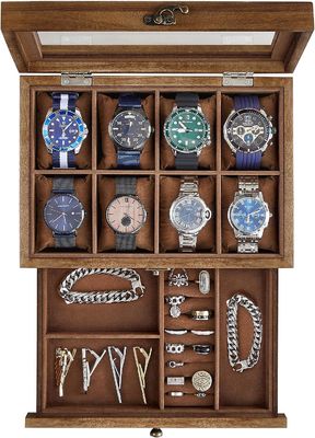 Handgefertigte 8-Schlitze Rustikale Walnussholz-Uhr-Box 2-Tier-Display-Kase mit großem Glasdeckel