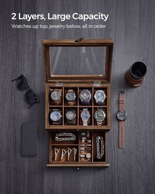 Handgefertigte 8-Schlitze Rustikale Walnussholz-Uhr-Box 2-Tier-Display-Kase mit großem Glasdeckel