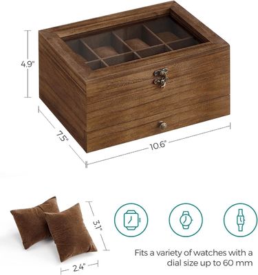 Handgefertigte 8-Schlitze Rustikale Walnussholz-Uhr-Box 2-Tier-Display-Kase mit großem Glasdeckel