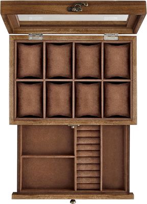 Handgefertigte 8-Schlitze Rustikale Walnussholz-Uhr-Box 2-Tier-Display-Kase mit großem Glasdeckel