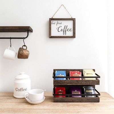 2 Stufe rustikale Holz-Teebeutel Halter Wandmontierte Teebüchse für Kaffeekostüm Display Regal Teeregal