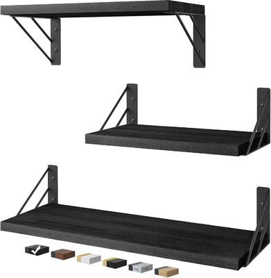 Set aus 3 modernen, verstellbaren, schwarzen Wandregalen aus rustikalem Holz