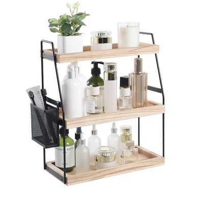 Kosmetische Aufbewahrung Vanity-Organisator 3-Schicht Stehendes Regal mit Korb Holz-Tray