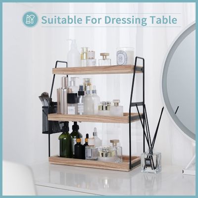 Kosmetische Aufbewahrung Vanity-Organisator 3-Schicht Stehendes Regal mit Korb Holz-Tray