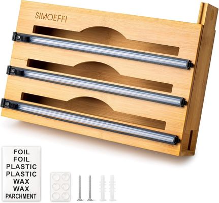 Slide Cutter Küchen Schubladen Organisator Bambus 3 in 1 Folie und Kunststoff Cling Wrap Dispenser
