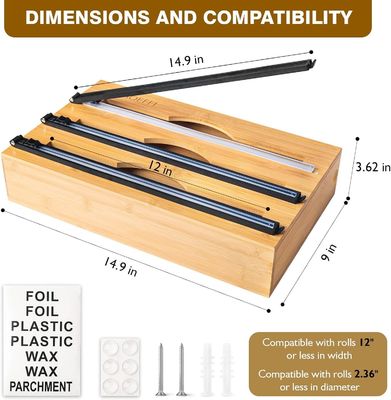 Slide Cutter Küchen Schubladen Organisator Bambus 3 in 1 Folie und Kunststoff Cling Wrap Dispenser