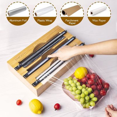 Slide Cutter Küchen Schubladen Organisator Bambus 3 in 1 Folie und Kunststoff Cling Wrap Dispenser