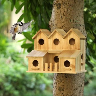 Handgefertigtes Holz-Vogelhaus mit 8 Löchern Schiebetäcke Stil Unfertiges Birkenholz Farbe