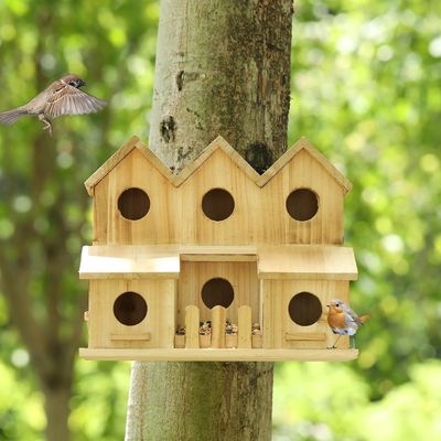 Handgefertigtes Holz-Vogelhaus mit 8 Löchern Schiebetäcke Stil Unfertiges Birkenholz Farbe