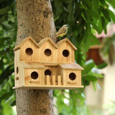 Handgefertigtes Holz-Vogelhaus mit 8 Löchern Schiebetäcke Stil Unfertiges Birkenholz Farbe