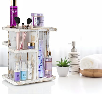 Drehbare Karussell-Make-up-Organisator für Kosmetik und Hautpflege in kundenspezifischem rustikalen Weißholz
