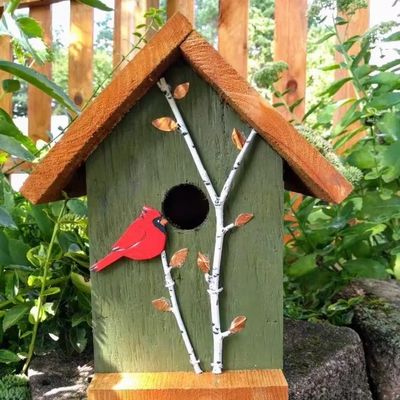 Handbemalte Kardinal- und Birkenbäume Holz Vogelhaus für Vogelarbeiter