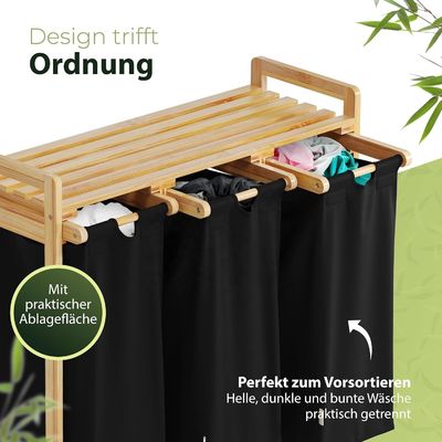 24x13x22cm handgefertigter Waschkorb aus Bambus mit zweiseitigen abnehmbaren Schiebetaschen