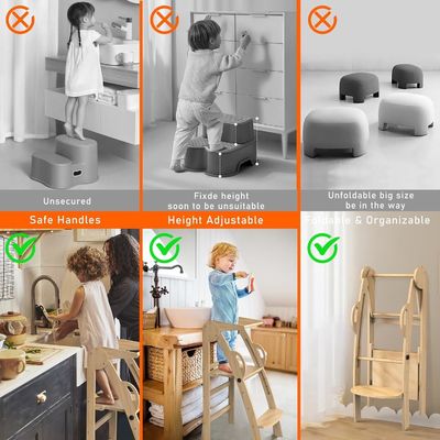Anpassungs-Logo Akzeptabel Holz Küche Schritt Hocker Helfer Stehturm für Kleinkinder