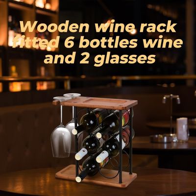 Holz-Winständer mit Tellern, 6 Flaschen und 2 Glaser