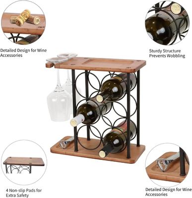 Holz-Winständer mit Tellern, 6 Flaschen und 2 Glaser