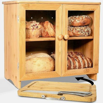 Mehrfunktionsbrotbox aus Holz mit Schnittbrett für Küchenbänke
