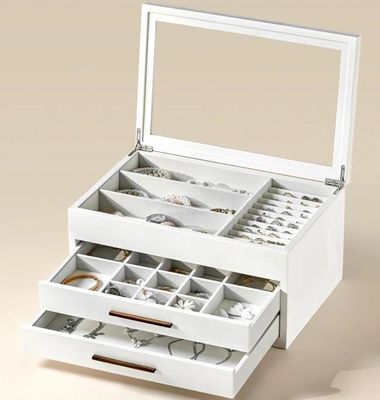 Maßgeschneiderte 3-Schichten-Holzschmuck-Organisator-Box mit Spiegel- und Seidenschirmdruck