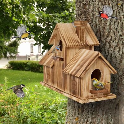 Holzhaus mit 3 Löchern aus Holz, handgefertigt aus Holz für den Garten