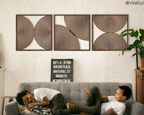 Set aus 3 Boho-Hausgeschenken Großes Holz Wandkunstwerk mit Midcentury Modern Style und Custom Logo