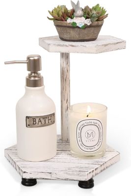 2-Ebenen-Hexagonale Holz-Display-Riser Weißes Bauernhaus-Tray für Küche und Bad