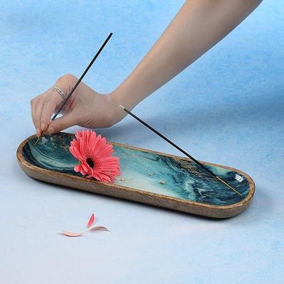 Rechteckige Holz-Weihrauchhalter für Stöcke Industriegeschenk Handwerk Blaues Mangoholz