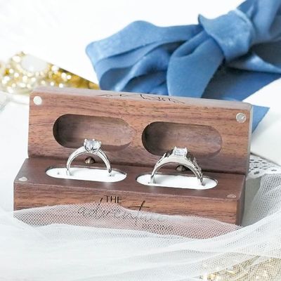 Rustikale Vintage-Rechteck aus massivem Holz Schmuck 2 Ringbox mit TIMBER-Gravur