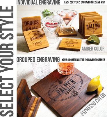 Nachname-Coasters mit optionalem Halter aus Bambus, Buche, Walnuss, Eiche, MDF oder Kiefer