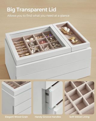 Durchsichtige Deckel 3-Schicht Holzschmuckschachtel in Rechteckform für individuelle Lagerung