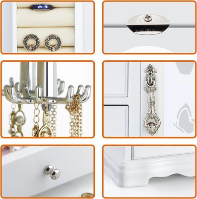 Handgefertigte weiße Massivholzschmuckschachtel mit 4 Schubladen Großer Spiegel und Halskette Karussell