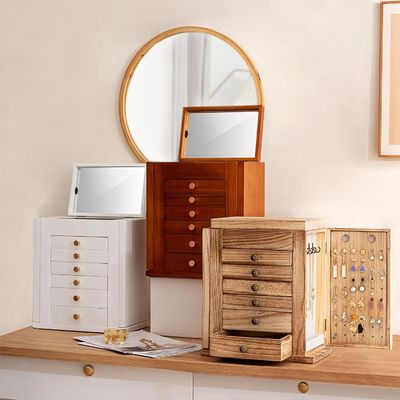 Große 7-Schicht Holzschmuckbox mit Spiegel für Ohrringe Armband Halskette Uhrenring