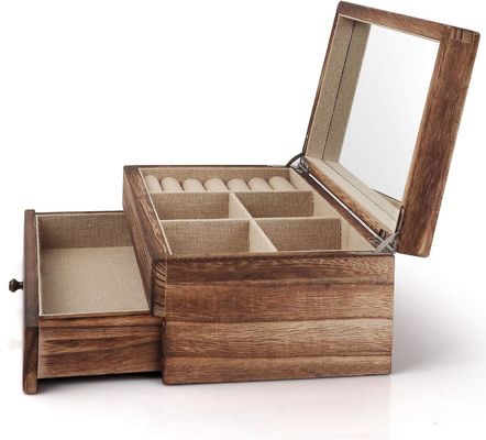 Custom Oem Logo Rustikale Holzschmuckbox mit Spiegelringschacht Großformat Handwerk Geschenk