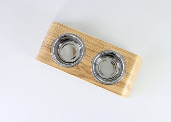 202407 Haustiergeschenk Personalisierte Holz-Erhöhung Lebensmittelstand mit zwei Edelstahlschalen