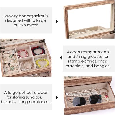 Custom Oem Logo Rustikale Holzschmuckbox mit Spiegelringschacht Großformat Handwerk Geschenk