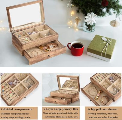 Custom Oem Logo Rustikale Holzschmuckbox mit Spiegelringschacht Großformat Handwerk Geschenk