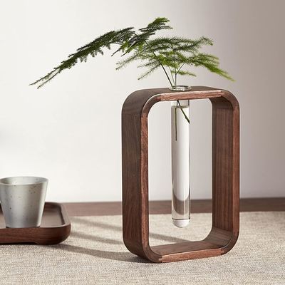 Gartenpflanzen Dekor Durchsichtig Glas Vase Pflanzenhalter Kleine Größe Walnuss Rechteck Holzrahmen Blumenstand Tisch