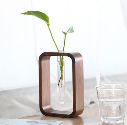 Gartenpflanzen Dekor Durchsichtig Glas Vase Pflanzenhalter Kleine Größe Walnuss Rechteck Holzrahmen Blumenstand Tisch