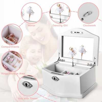 Mittlere weiße Ballerina Schmuckschachtel aus Holz mit Spiegel für eine personalisierte Organisation