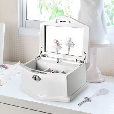 Mittlere weiße Ballerina Schmuckschachtel aus Holz mit Spiegel für eine personalisierte Organisation