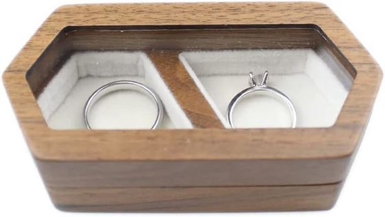 Handgefertigte Paarringe Box mit weißem Samt transparenten Deckel und verbrannten Druck