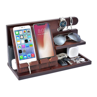 Personalisiertes Logo Holz Telefonstand Organisator für Männer Brieftasche Uhr Docking Station