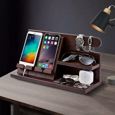 Personalisiertes Logo Holz Telefonstand Organisator für Männer Brieftasche Uhr Docking Station