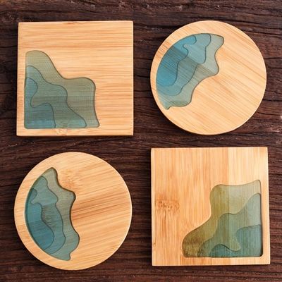 10cm Live Edge Bambus Quadrat Harz Holz Epoxy Holz Achterbahn Harz Fluss Blau Smaragd