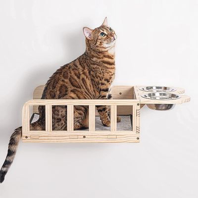 Moderne Design-Stil Wandmontierte Holz Katzen-Fütterregal mit zwei Schüsseln Custom Service