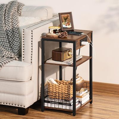 Aufbewahrungsbehälter Design Stil Brauner Nachttisch mit USB-Anschlüssen und Ladestation