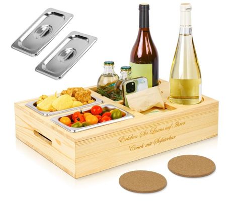 Custom Logo Holz Sofa Tray mit Getränkehalter abnehmbares Deckel und Lagerraum