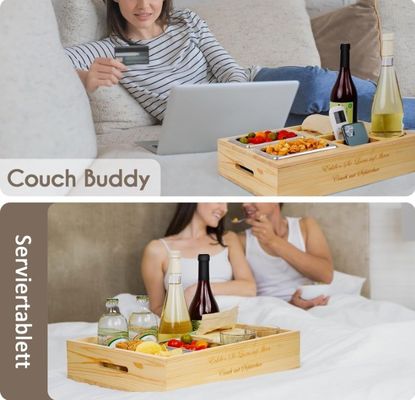 Custom Logo Holz Sofa Tray mit Getränkehalter abnehmbares Deckel und Lagerraum