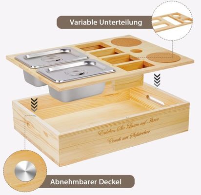 Custom Logo Holz Sofa Tray mit Getränkehalter abnehmbares Deckel und Lagerraum