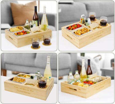 Custom Logo Holz Sofa Tray mit Getränkehalter abnehmbares Deckel und Lagerraum